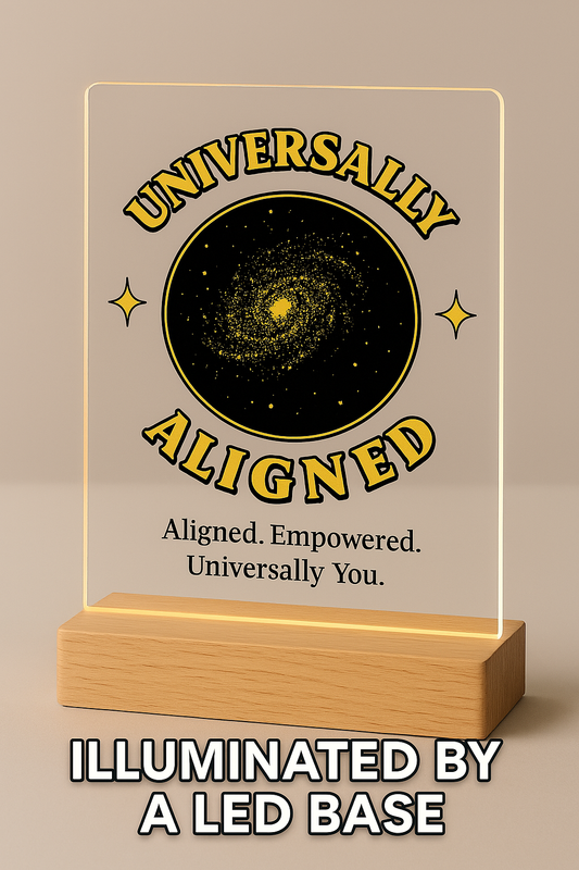 Universally Aligned Acrylic Plaque – “Aligned. Empowered. Universally You.” | Celestial Spiritual Decor | Cosmic Affirmation Gift with Wood Base