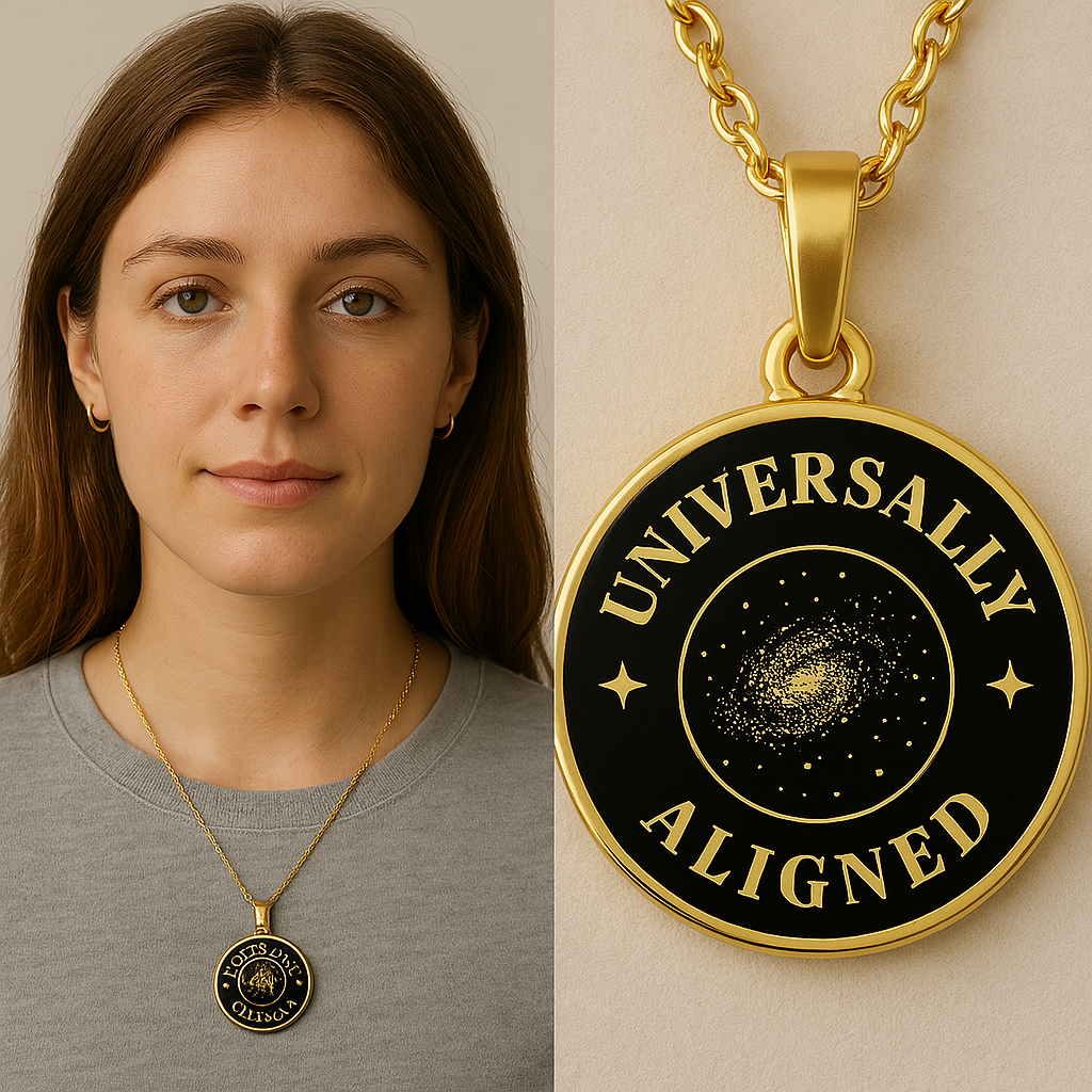 Universally Aligned Gold Pendant Necklace – Spiritual Galaxy Medallion, Celestial Energy Jewelry, Mindfulness Gift for Her or Him