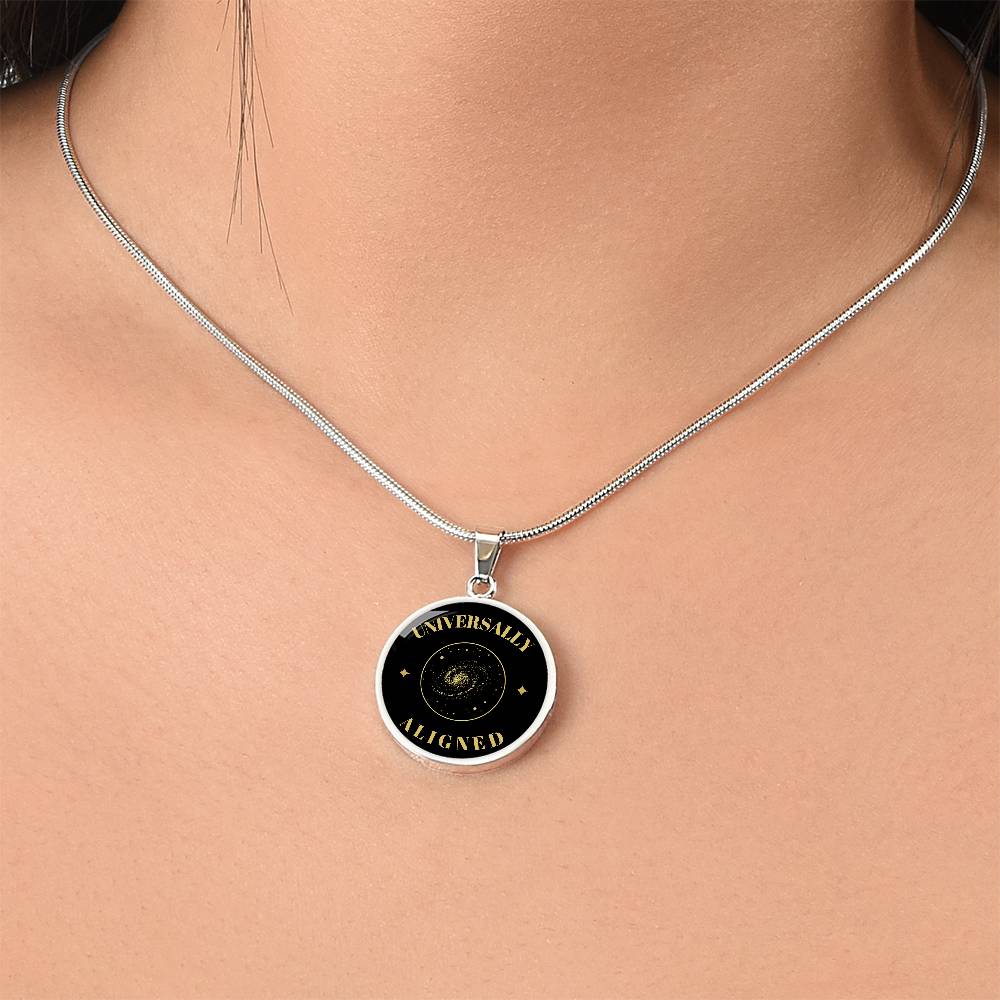 Universally Aligned Gold Pendant Necklace – Spiritual Galaxy Medallion, Celestial Energy Jewelry, Mindfulness Gift for Her or Him