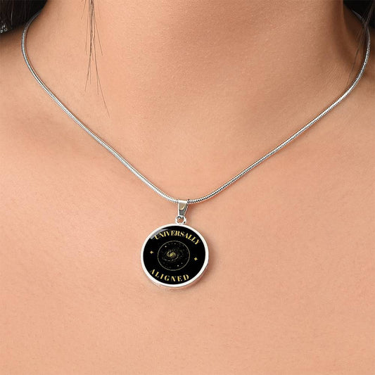 Universally Aligned Gold Pendant Necklace – Spiritual Galaxy Medallion, Celestial Energy Jewelry, Mindfulness Gift for Her or Him