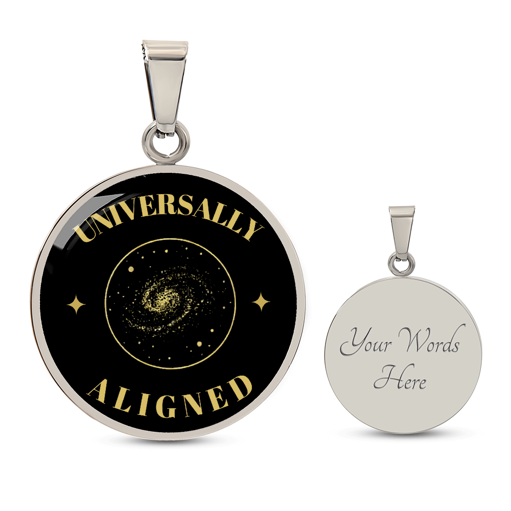 Universally Aligned Gold Pendant Necklace – Spiritual Galaxy Medallion, Celestial Energy Jewelry, Mindfulness Gift for Her or Him