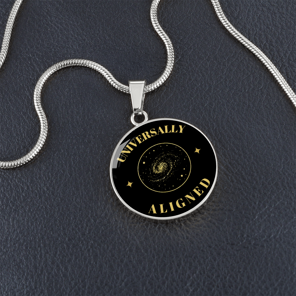 Universally Aligned Gold Pendant Necklace – Spiritual Galaxy Medallion, Celestial Energy Jewelry, Mindfulness Gift for Her or Him