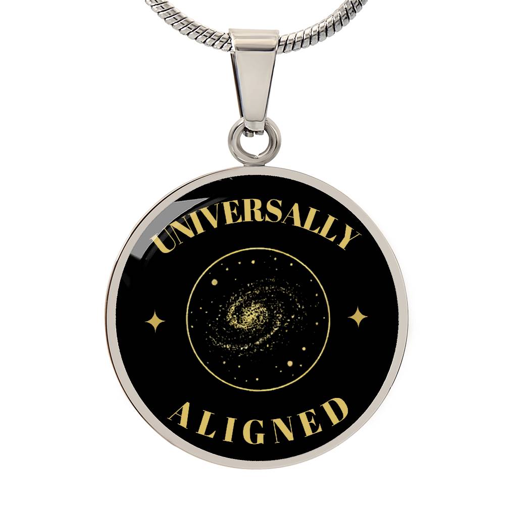 Universally Aligned Gold Pendant Necklace – Spiritual Galaxy Medallion, Celestial Energy Jewelry, Mindfulness Gift for Her or Him