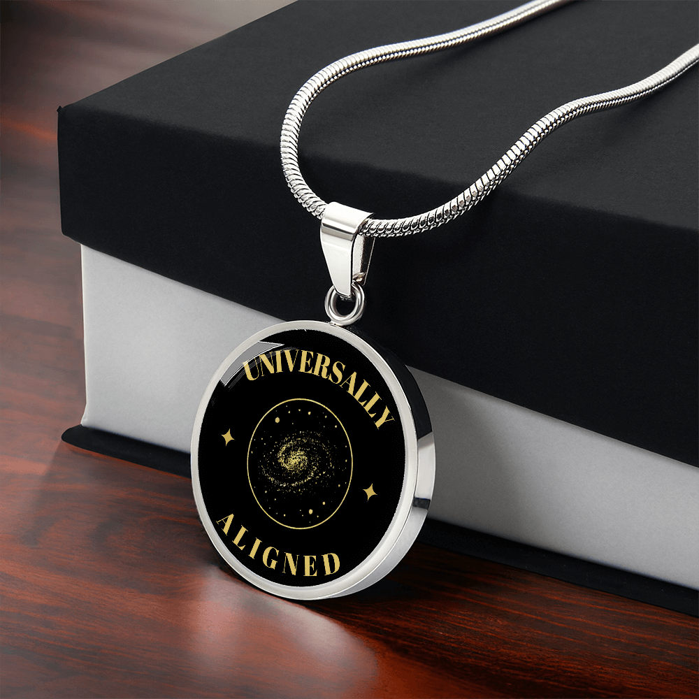 Universally Aligned Gold Pendant Necklace – Spiritual Galaxy Medallion, Celestial Energy Jewelry, Mindfulness Gift for Her or Him