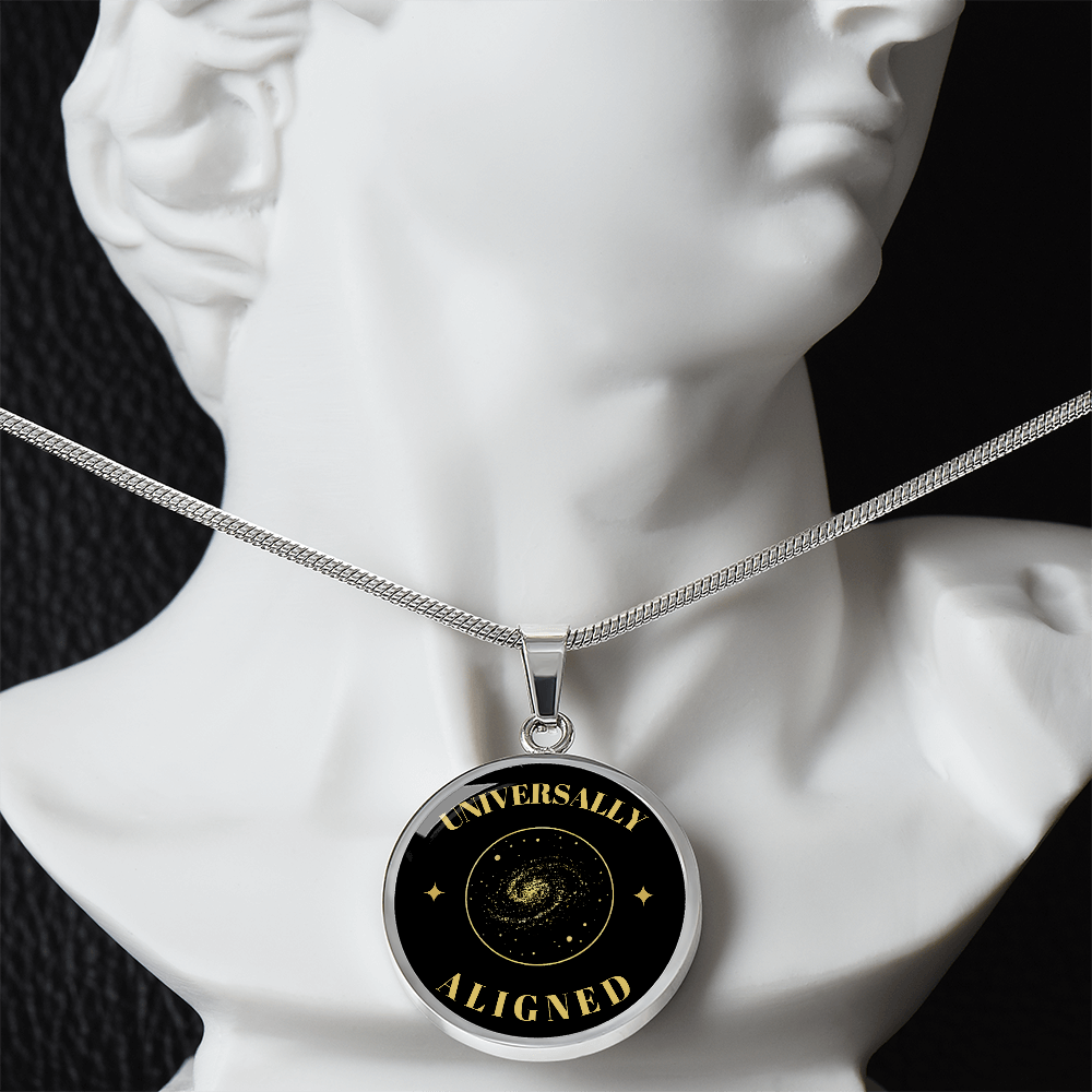 Universally Aligned Gold Pendant Necklace – Spiritual Galaxy Medallion, Celestial Energy Jewelry, Mindfulness Gift for Her or Him