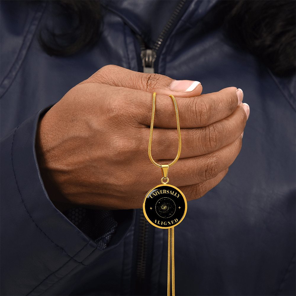 Universally Aligned Gold Pendant Necklace – Spiritual Galaxy Medallion, Celestial Energy Jewelry, Mindfulness Gift for Her or Him