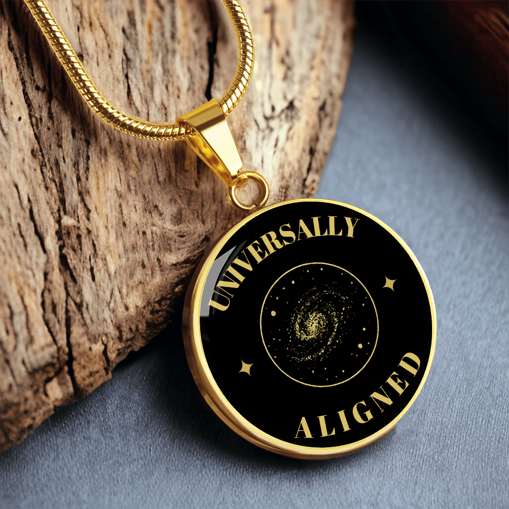 Universally Aligned Gold Pendant Necklace – Spiritual Galaxy Medallion, Celestial Energy Jewelry, Mindfulness Gift for Her or Him