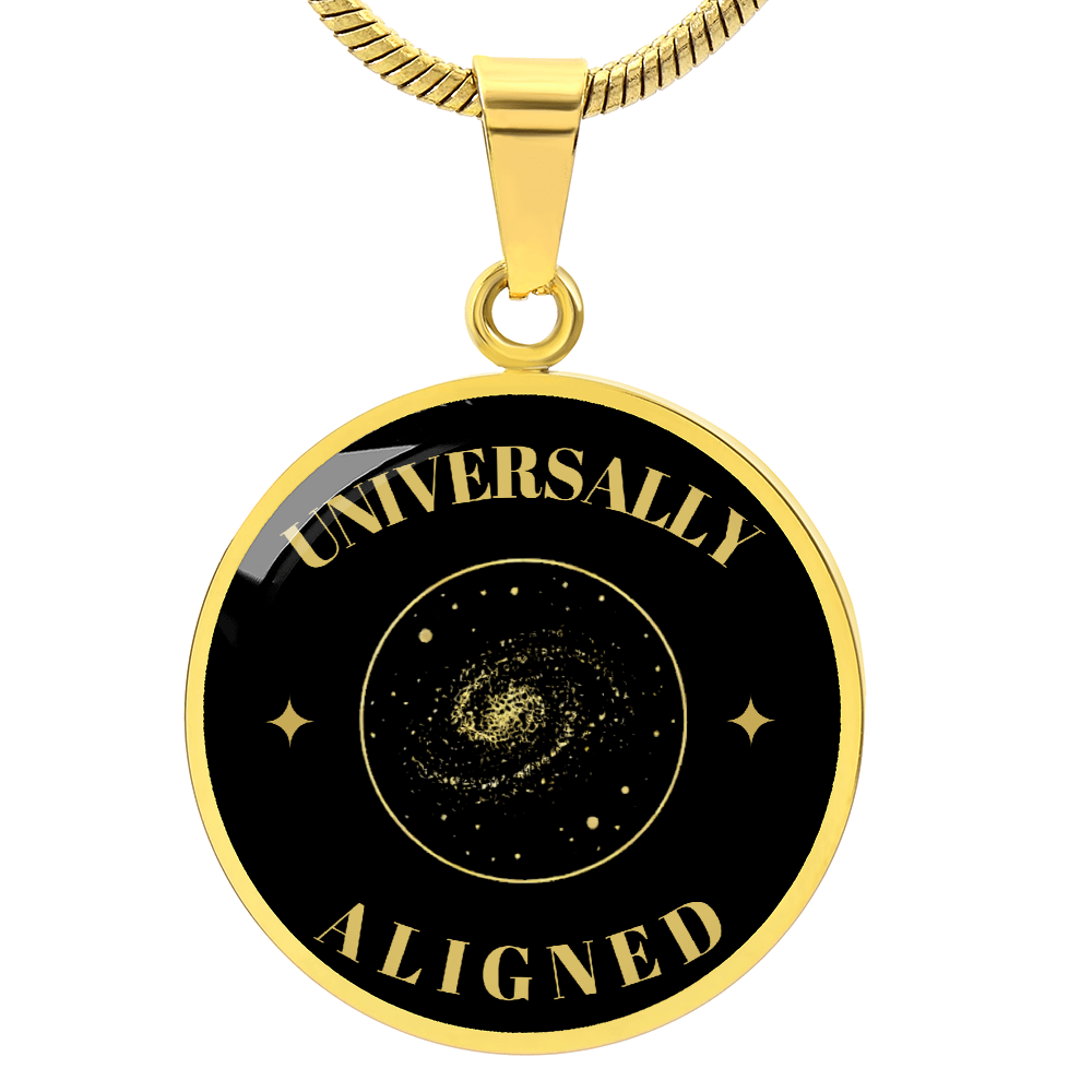 Universally Aligned Gold Pendant Necklace – Spiritual Galaxy Medallion, Celestial Energy Jewelry, Mindfulness Gift for Her or Him