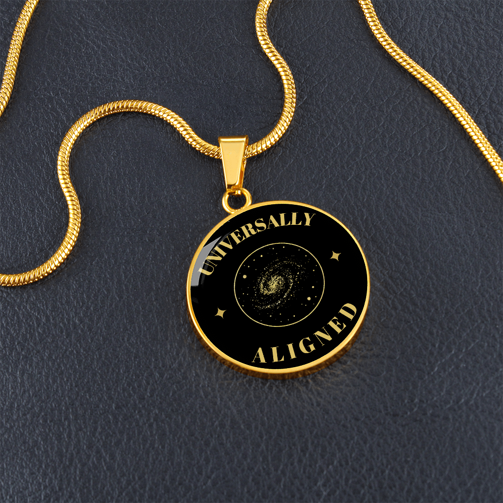 Universally Aligned Gold Pendant Necklace – Spiritual Galaxy Medallion, Celestial Energy Jewelry, Mindfulness Gift for Her or Him