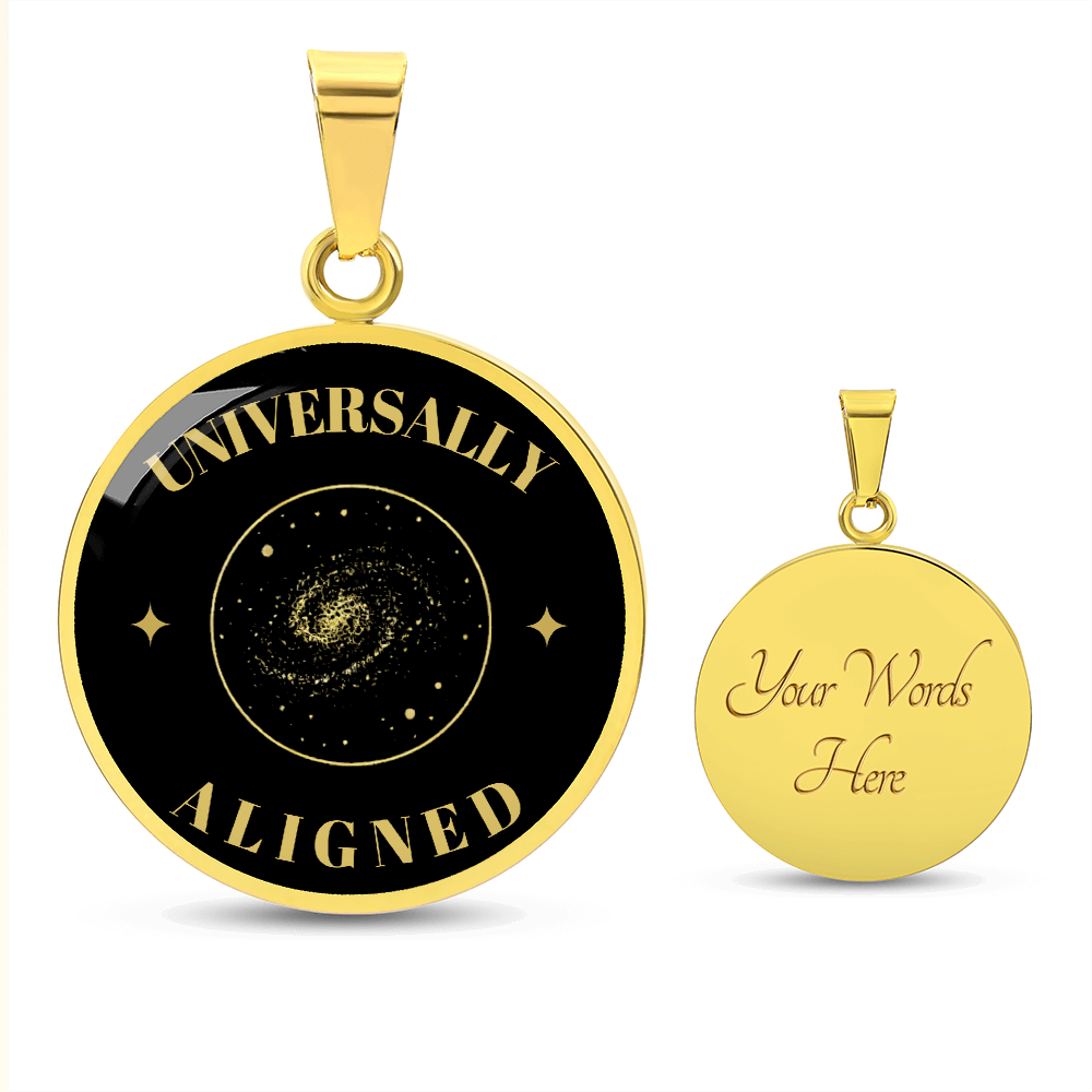 Universally Aligned Gold Pendant Necklace – Spiritual Galaxy Medallion, Celestial Energy Jewelry, Mindfulness Gift for Her or Him